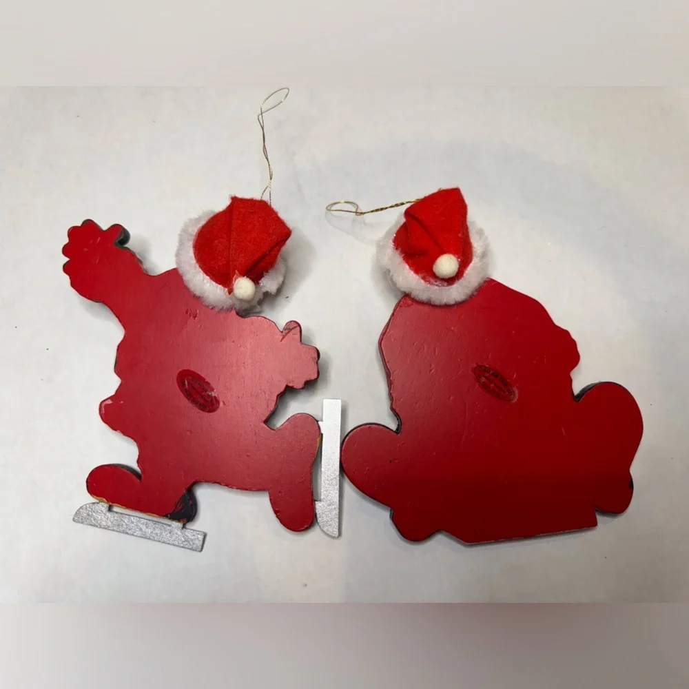 Vintage Set‎ of 2 Wooden Christmas Santa Ornaments Joan Berg Victor Handmade